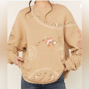 Free People Crochet & Floral Embroidered Oversized Crewneck Sweatshirt Rare